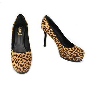 YVES SAINT LAURENT "Tribtoo": Leopard, Calf-Hair Platform Heels/Pumps